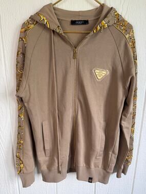 Avenue George V Paris Taupe Baroque Crystal Zip Up Hoodie, Small